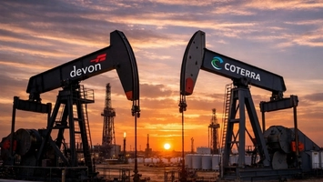 Two oil pump jacks branded Devon and Coterra silhouetted against a vivid sunset sky over an active oilfield